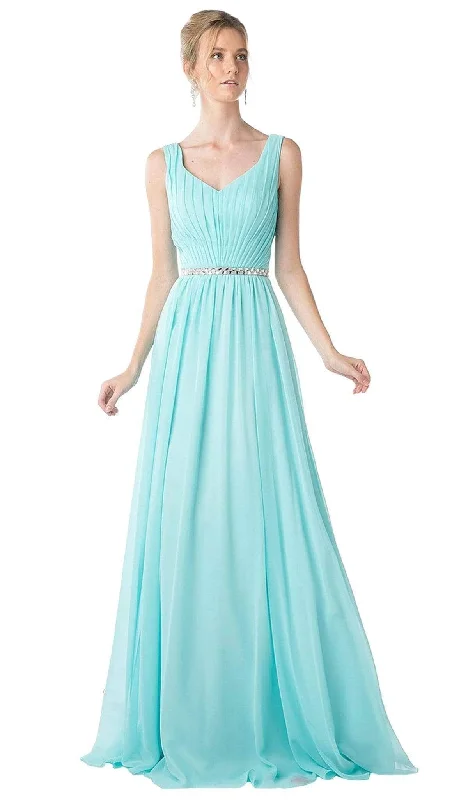 Ladivine W0014 - Pleated V-Neck Bodice A-Line Gown