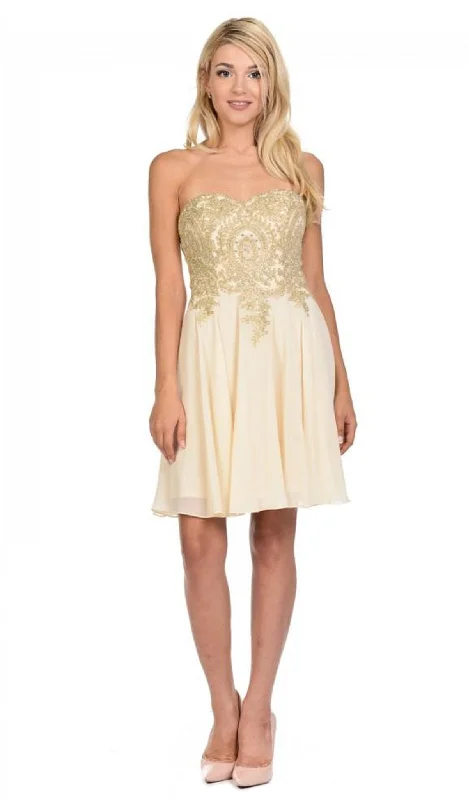 Lenovia - 8110 Gold Embroidered Strapless Cocktail Dress