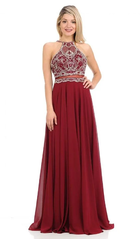 Off-Shoulder Lace Gown Lenovia - 8122 Crystal Beaded Halter Chiffon A-line Dress