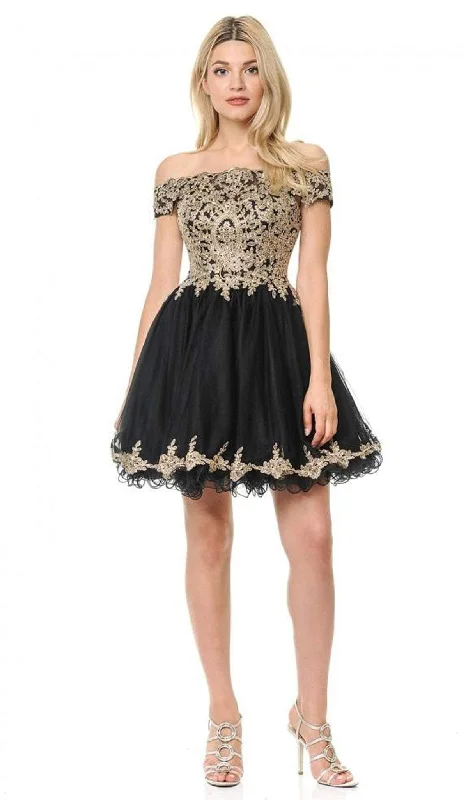 Feathered Gown Lenovia - 8124 Gold Lace Appliqued Off Shoulder A-Line Dress