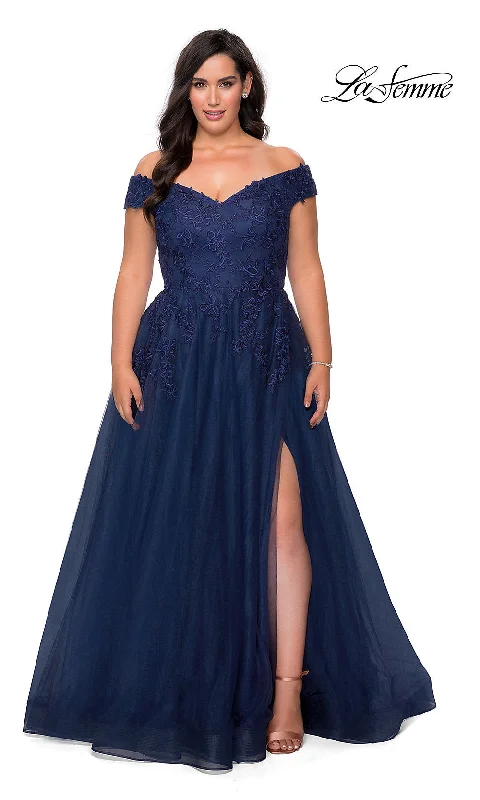 La Femme Embroidered Plus-Size Formal Ball Gown