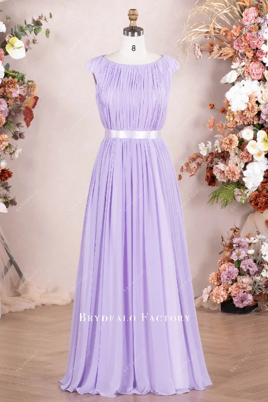 Contemporary Bridal Gown Lilac Cap Sleeve Pleated Chiffon Floor Length Formal Dress