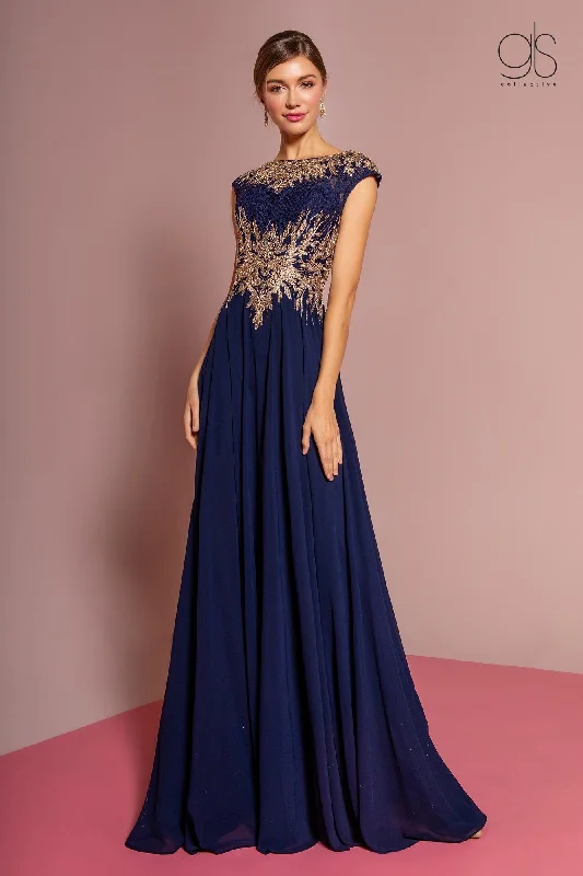 Crystal Embellished Dress Long Cap Sleeve Dress with Lace Bodice by Elizabeth K GL2519