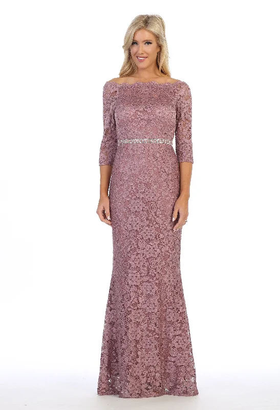 Pearl Embellished Dress Long Off Shoulder Lace Dress with Beaded Waist by Celavie 6390L