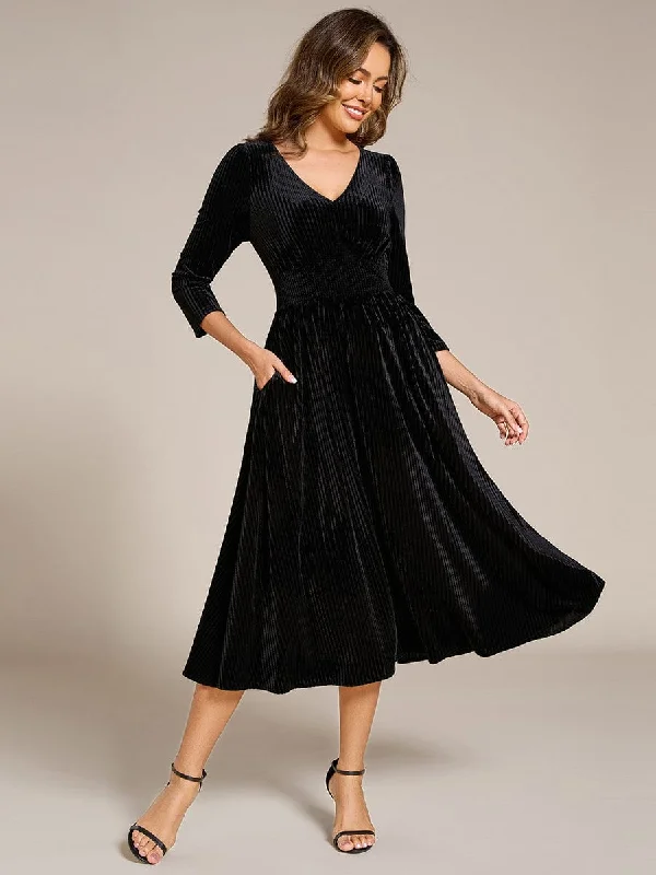 Long Sleeve High Stretch Velvet Tea Length Wedding Guest Dress