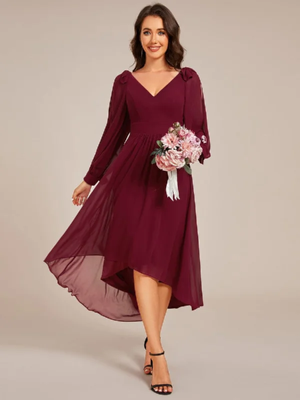 Long Sleeve V-Neck Midi Asymmetrical Hem Chiffon Bridesmaid Dress