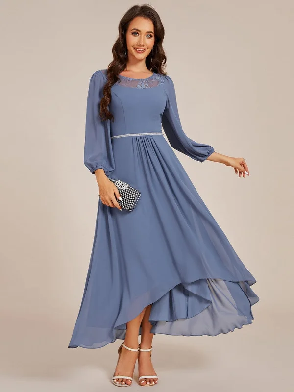 Long Sleeve Waist Chain Round Neckline Midi Chiffon Wedding Guest Dress