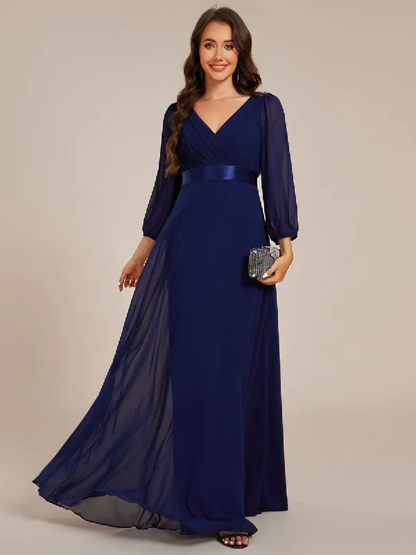 Long Sleeves Chiffon Empire Waist A-Line Maxi Formal Evening Dress