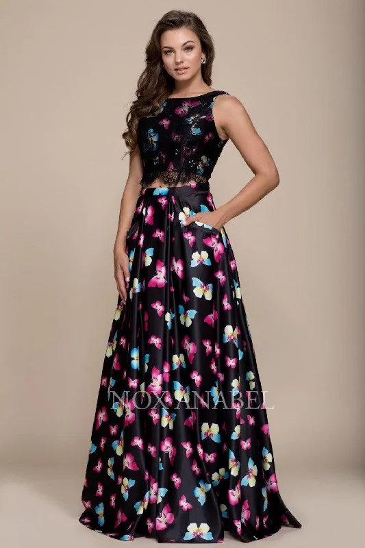 Long Sleeve Dress Long Butterfly Print Two Piece Prom Dress Black