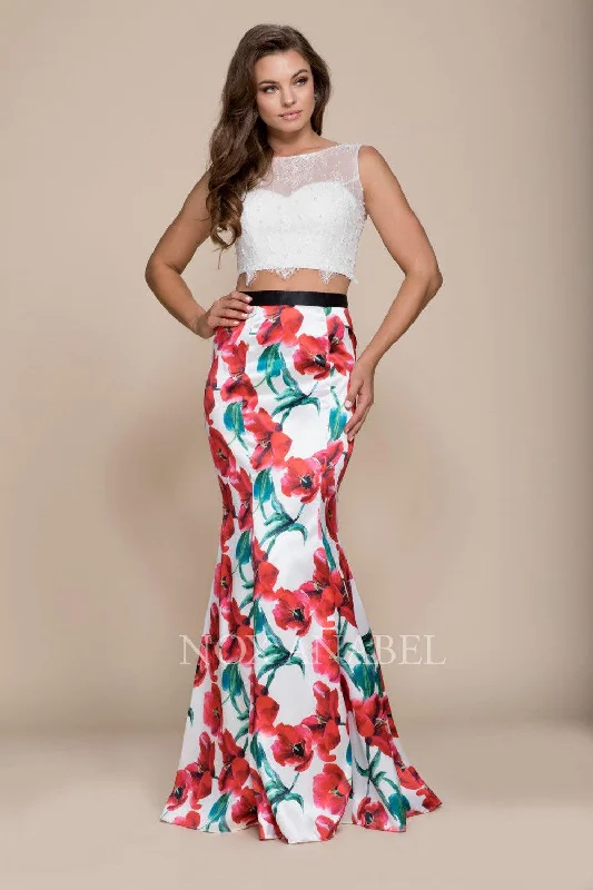 Princess Gown Long High Neck Two Piece Dress With Floral Print Skirt