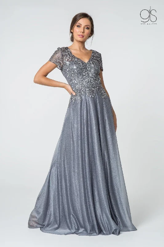 Rhinestone Embellished Gown Long V-neck Mother of the Bride Lace Chiffon Gown Formal