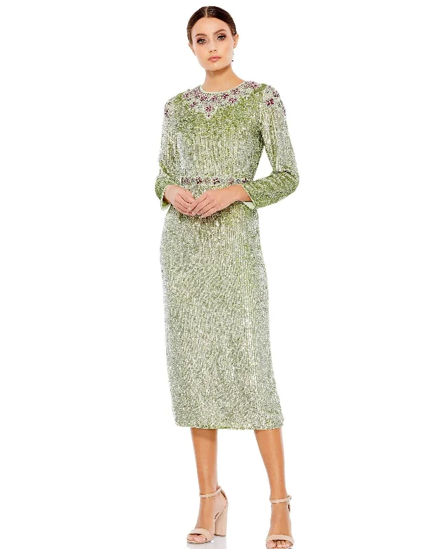 Modern Minimalist Gown Mac Duggal 93568 Long Sleeve Floral Beaded Tea Length Dress