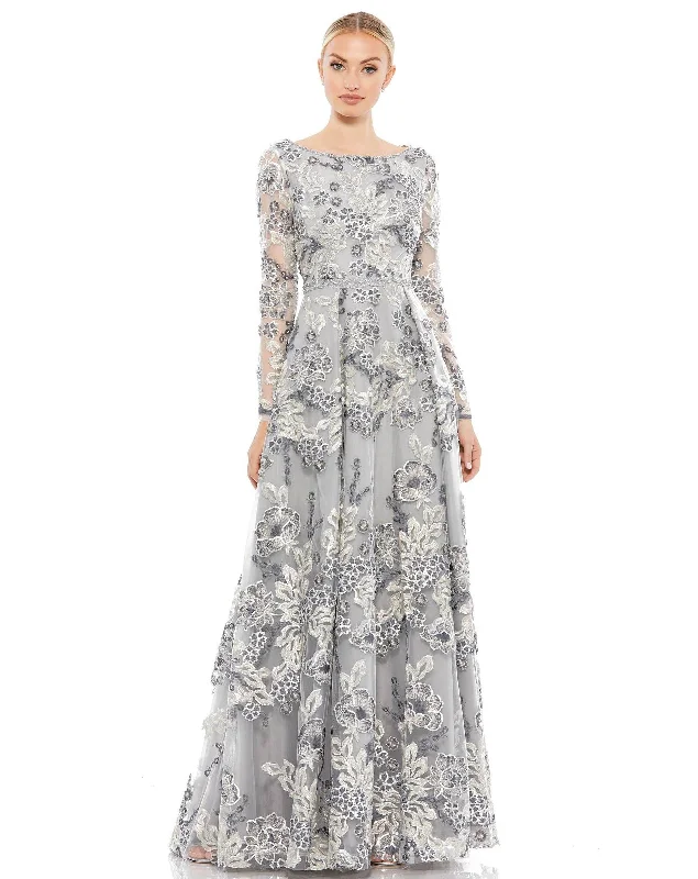 Shimmering Satin Dress Mac Duggal 11185 Long Sleeve Floral Formal Dress