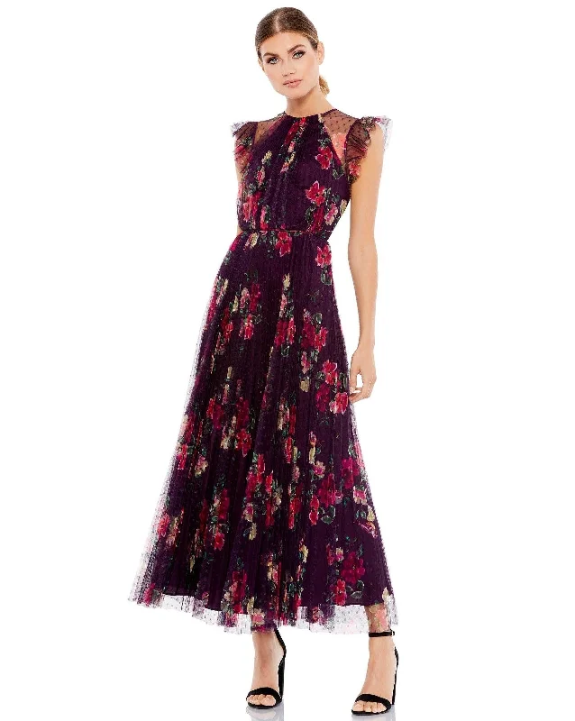 Regal Satin Gown Mac Duggal 2143 Floral Print Cap Sleeve Midi Dress
