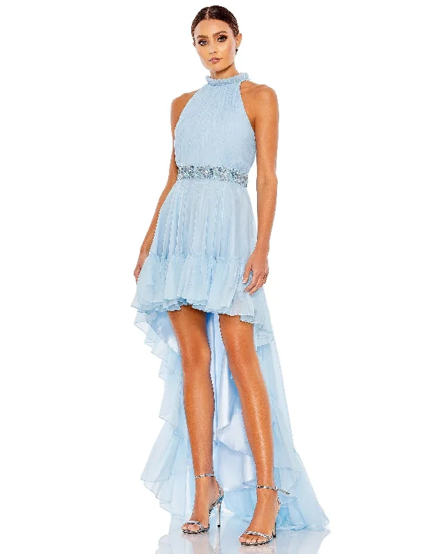 Ornate Lace Dress Mac Duggal 68029 High Low Ruffled Halter Prom Gown
