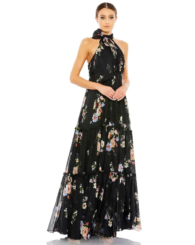 Empire Waist Gown Mac Duggal 55814 Long Floral Halter Formal Dress
