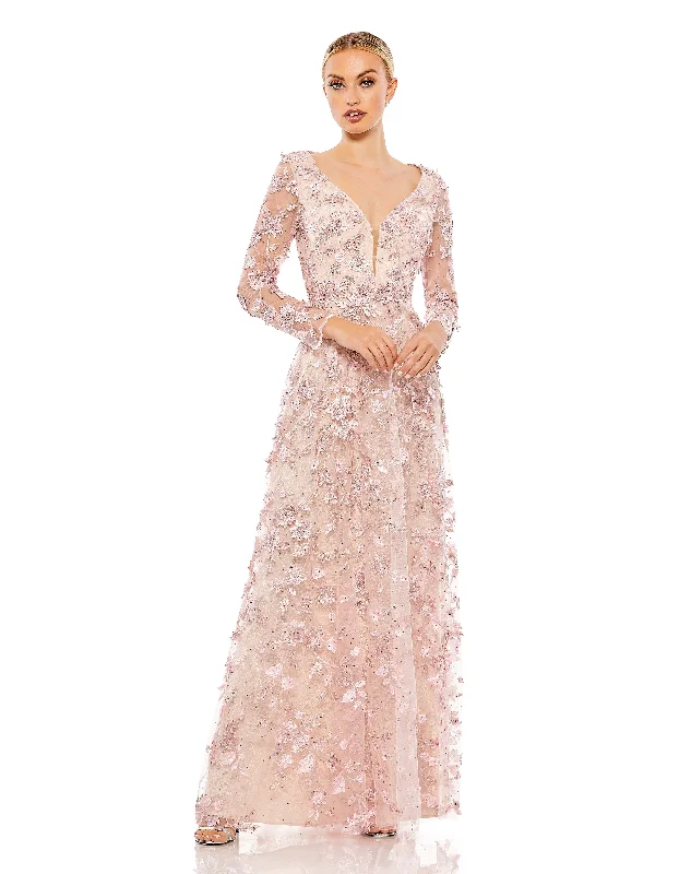 Hand-Stitched Lace Dress Mac Duggal 70224 Long Sleeve Floral Formal Dress
