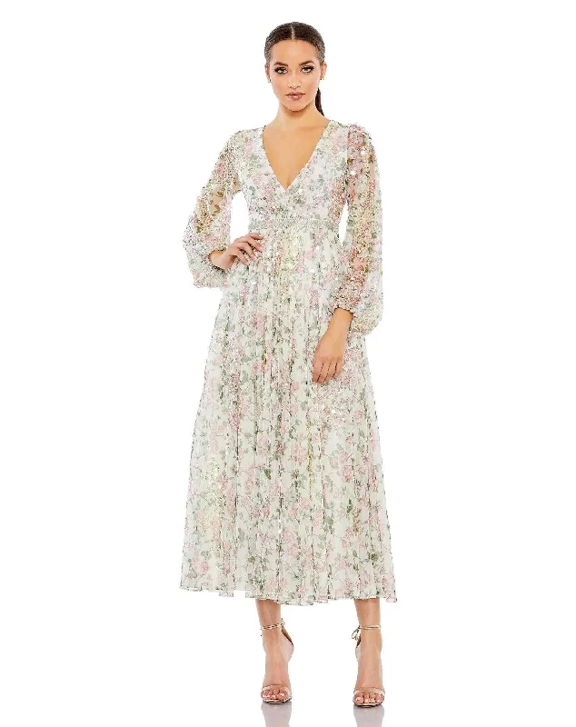 Scalloped Lace Dress Mac Duggal 93788 Long Sleeve Formal Tea Length Dress