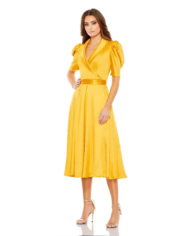 Shimmering Satin Dress Mac Duggal 26628 Short Sleeve Tea Length Dress