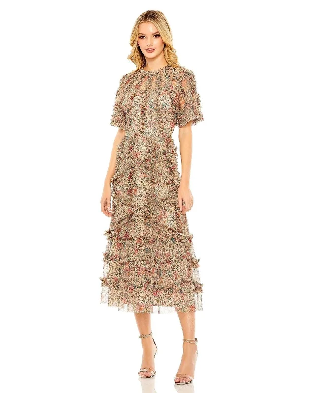 Silver Embellished Gown Mac Duggal 8010 Short Sleeve Tea Length Dress