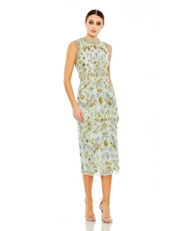 Scalloped Edge Dress Mac Duggal 93761 Sleeveless Floral Tea Length Dress