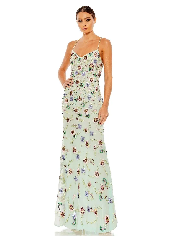 Embroidered Satin Dress Mac Duggal 10890 Spaghetti Strap Long Formal Floral Dress