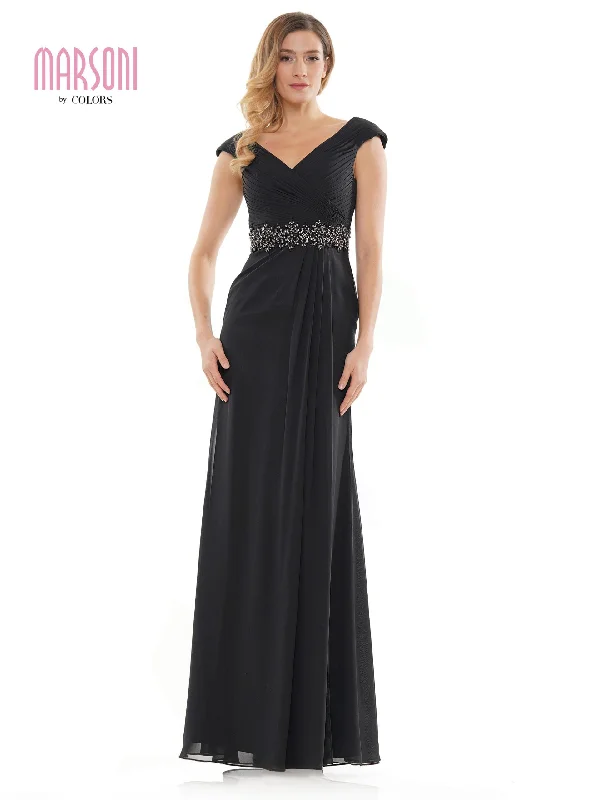 Ball Gown Marsoni by Colors - M169 Ruched Wrap Cap Sleeve Gown