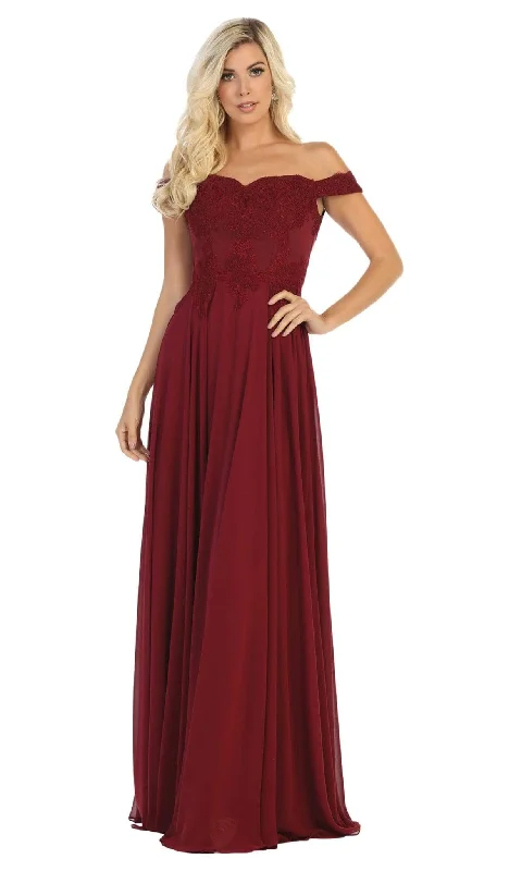 Unique Wedding Gown May Queen Bridal - MQ1644 Lace Ornate Off-Shoulder Chiffon A-Line Gown Unique Wedding Gown May Queen Bridal - MQ1644 Lace Ornate Off-Shoulder Chiffon A-Line Gown