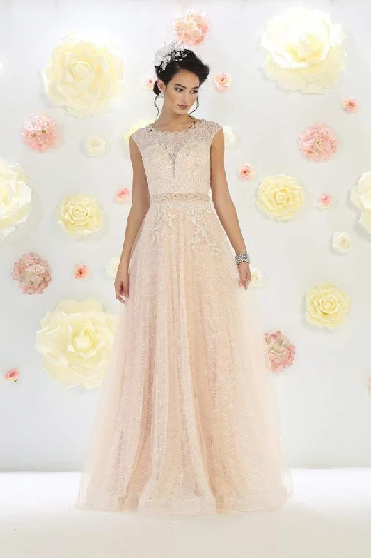 Luxury Lace Gown May Queen Bridal - RQ7461 Sequined Lace Bateau Illusion A-line Dress