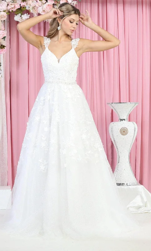 Appliqué Dress May Queen RQ7926 - Floral V Neck Bridal Gown
