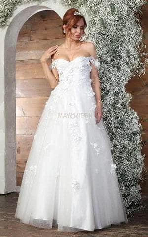Dramatic Train Gown May Queen RQ8034 - Draped Sleeve Embroidered Bridal Gown