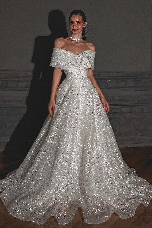 Sheer Sleeve Dress Shimmering Off-the-Shoulder Wedding Dress Melanie