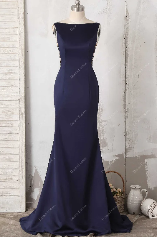 Embellished Gown Navy Satin Illusion Back Elegant Mermaid Dress