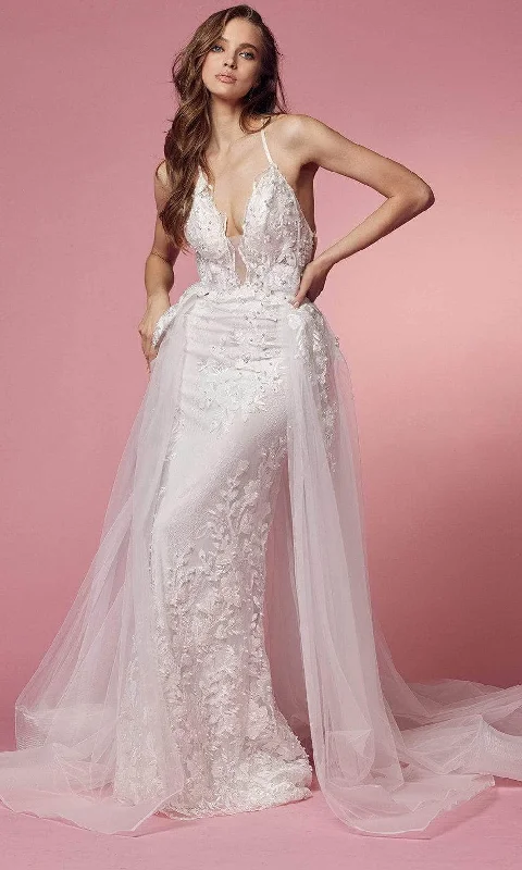 Gold Embroidered Dress Nox Anabel Bridal F485W - V-Neck Embroidered Long Dress