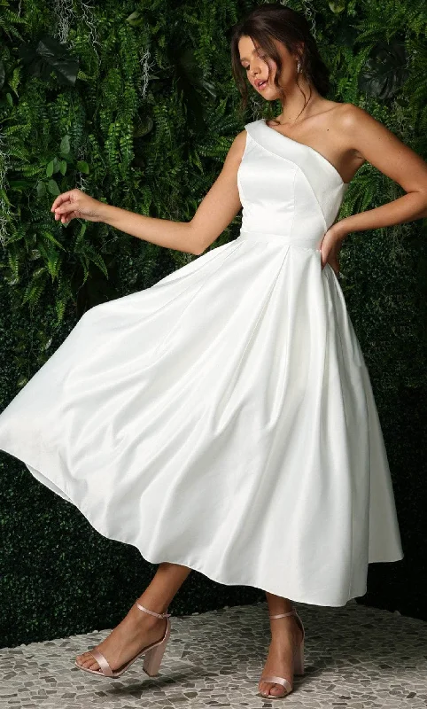 Sleeveless Dress Nox Anabel JE931W - Asymmetrical Neckline Tea-Length Dress