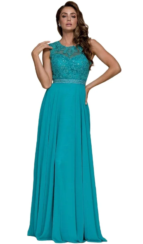 Embroidered Satin Dress Nox Anabel - Y101 Sleeveless Illusion Jewel Ornate Lace Gown Embroidered Satin Dress Nox Anabel - Y101 Sleeveless Illusion Jewel Ornate Lace Gown