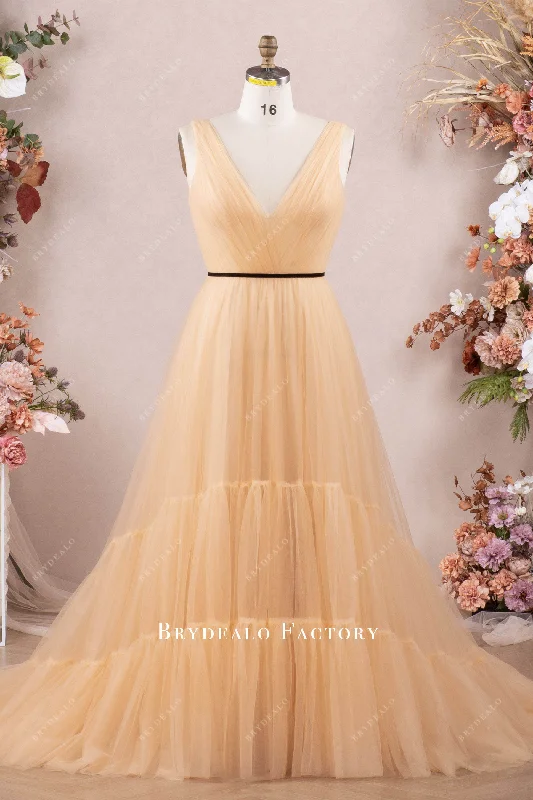 Tulle Gown Plus Size Nude Beige Pleated Tulle V-neck Long Prom Dress
