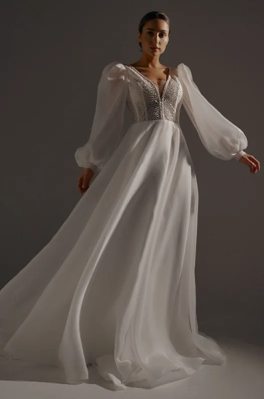 Vintage Gown Organza Cinderella Wedding Dress April with Puff Sleeves