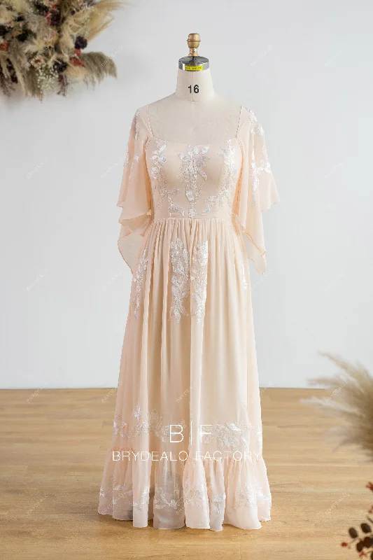 Beaded Dress Peach Chiffon Flutter Sleeve Floor Length Plus Size Formal Dress