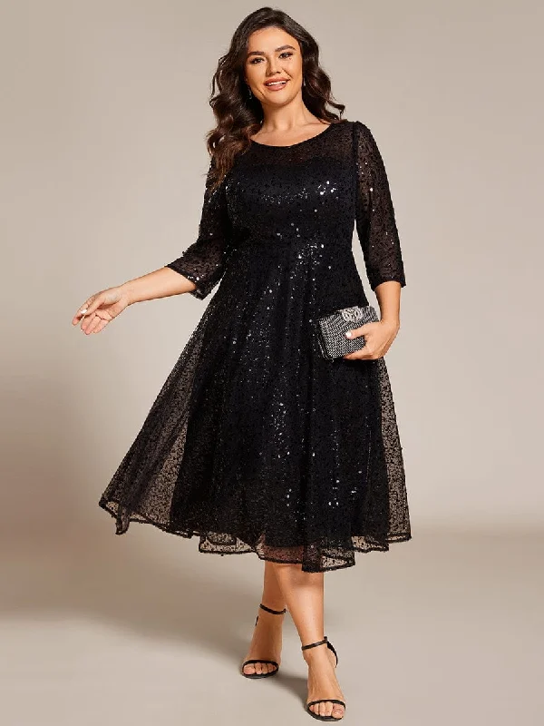 Plus Size 3/4 Sleeve Midi Round Neck A-Line Sequin Wedding Guest Dress