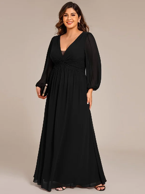 Plus Size A-Line Pleated Long Lantern Sleeves Chiffon Formal Evening Dress