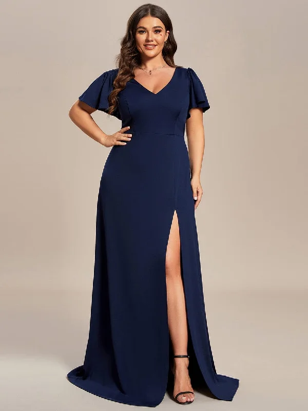 Plus Size Classical Ruffles Sleeve A-Line Front Slit Bridesmaid Dress