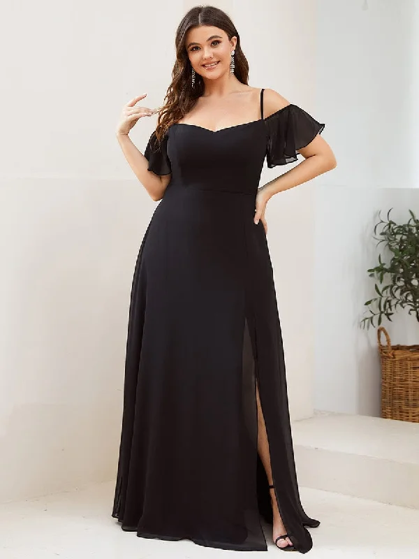 Satin Dress Plus Size Cold Shoulder Formal Bridesmaid Dress with Side Slit