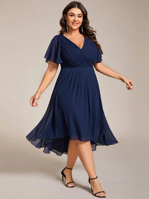 Embroidered Gown Plus Size Double V-Neck Ruffles Sleeve Chiffon Midi Wedding Guest Dress