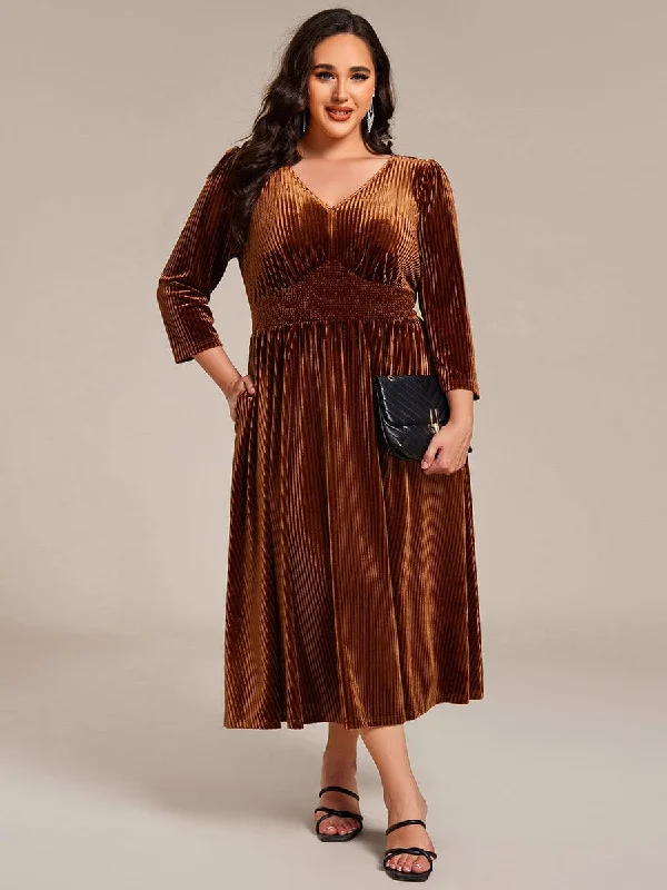 Plus Size Elegant Pleated Velvet Stretchy Tea Length Wedding Guest Dress