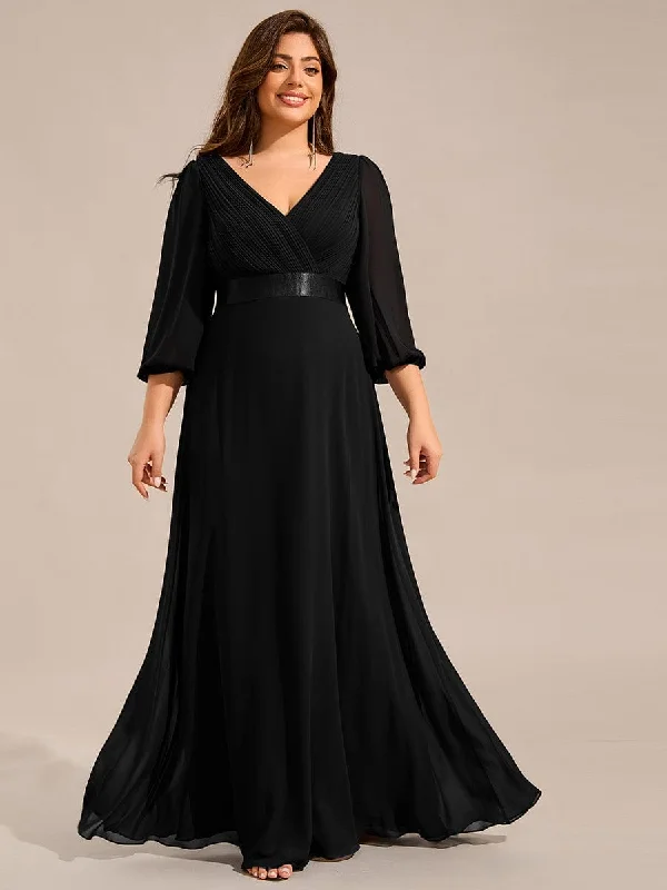 Plus Size Empire Waist Pleated Chiffon Long Sleeves Formal Evening Dress