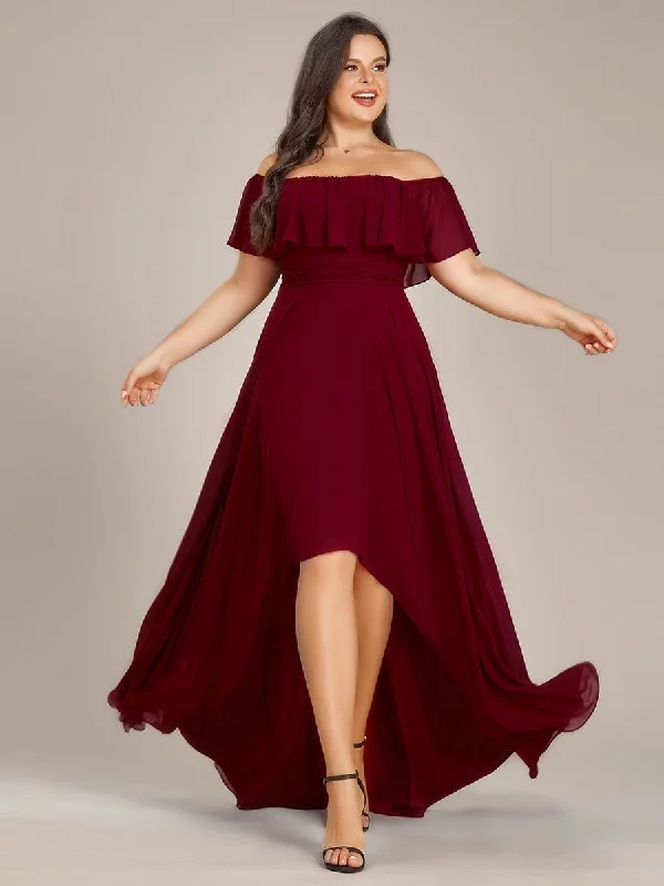 Shimmering Dress Plus Size Flowy Chiffon High-Low Off The Shoulder Bridesmaid Dress Shimmering Dress Plus Size Flowy Chiffon High-Low Off The Shoulder Bridesmaid Dress