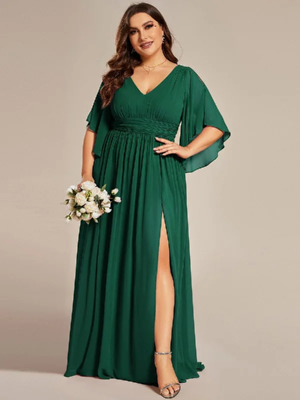 Designer Gown Plus Size Half Sleeve Pleated A-Line V-Neck Chiffon Bridesmaid Dress