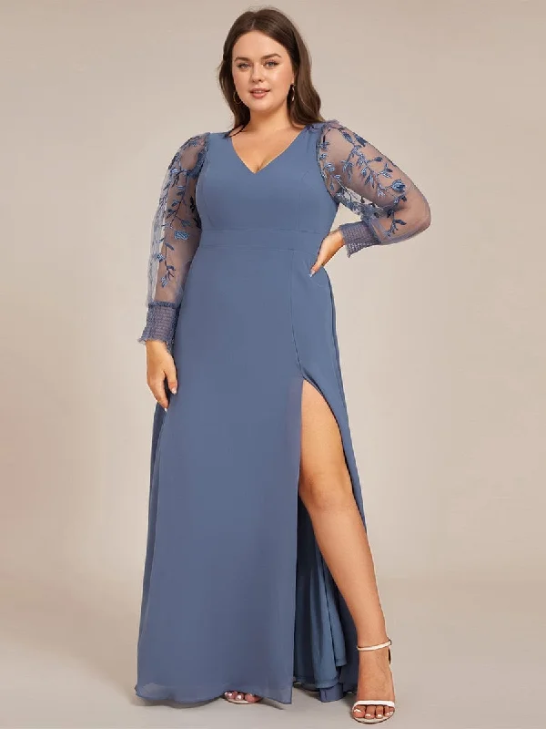 Plus Size High Slit Embroidered Long Sleeve Chiffon Formal Evening Dress