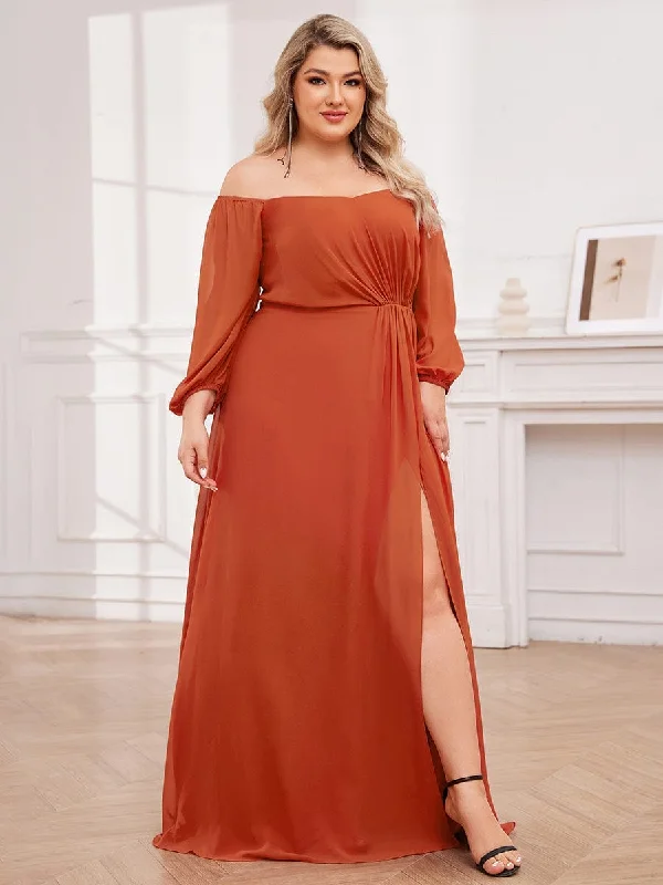Scalloped Edge Dress Plus Size High-Slit Waist Pleated Bridesmaid Dress with Long Sleeves Scalloped Edge Dress Plus Size High-Slit Waist Pleated Bridesmaid Dress with Long Sleeves